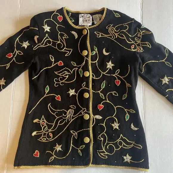 Vintage 1998 Michael Simon Christmas Cardigan Womens L Black Gold Trim Beaded - Picture 11 of 14